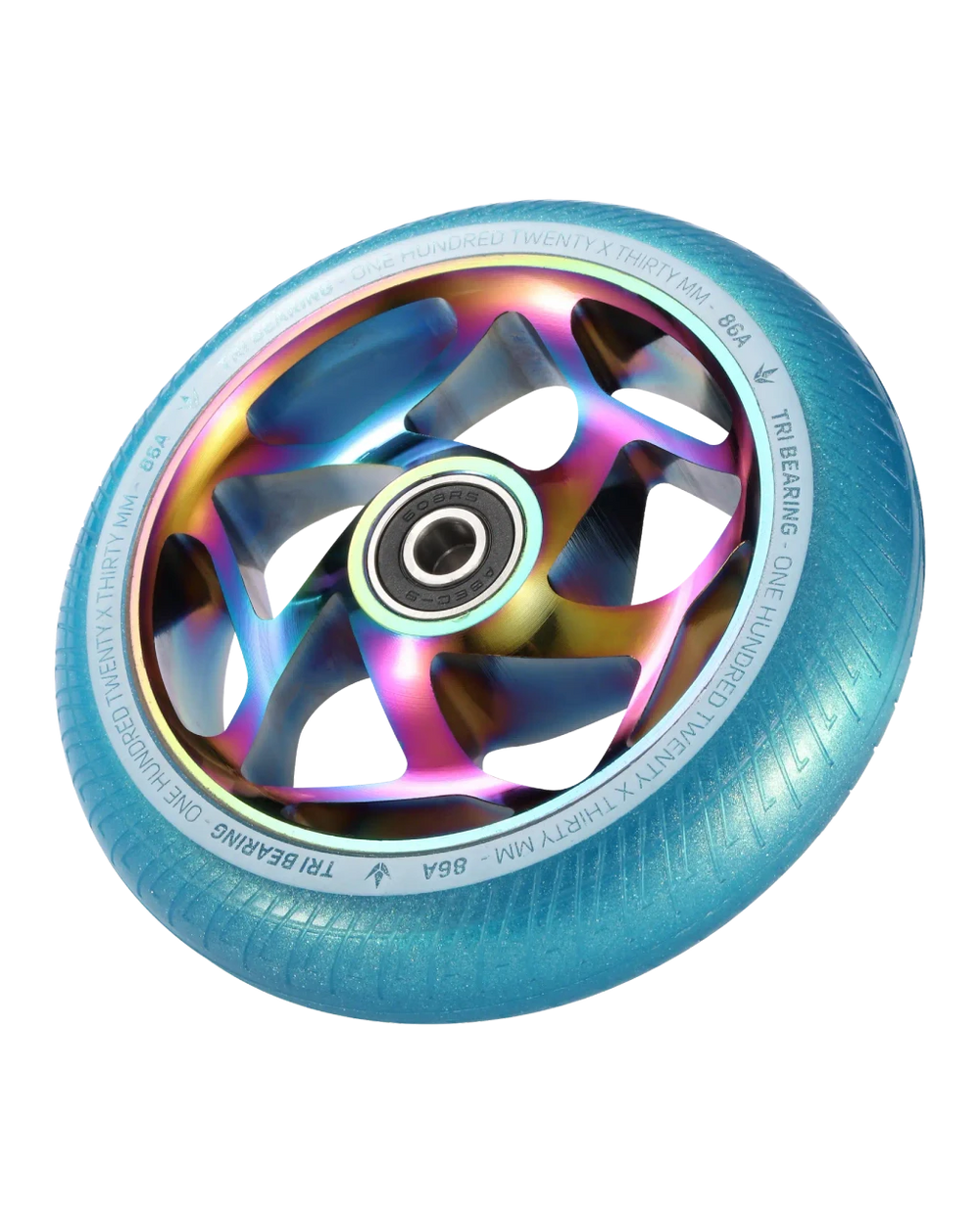 BLUNT Tri Bearing 120mm Oil Slick and Turquoise freestyle scooter wheel — vue 1