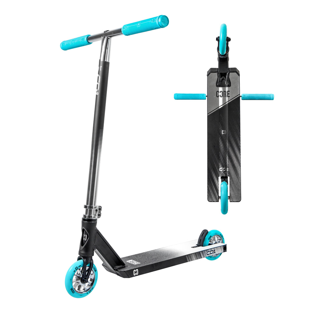 CORE CD1 CHROME AND TEAL STUNT SCOOTER — vue 1
