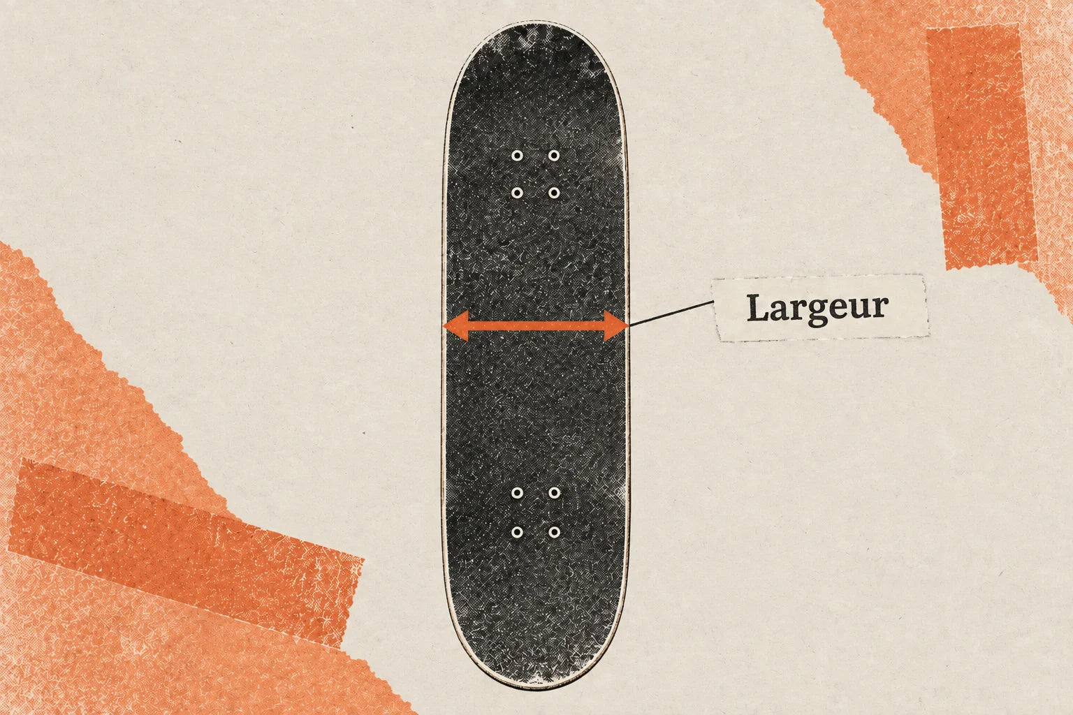 Illustration : la largeur du skateboard se mesure d’un bord à l’autre, perpendiculairement à sa longueur