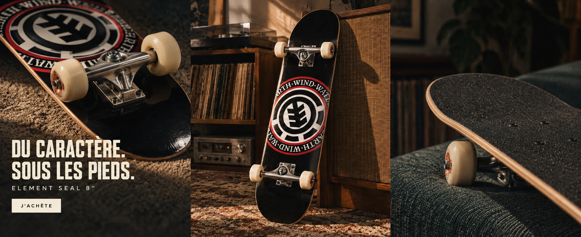 Du caractère sous les pieds. Skateboard Element Seal 8 pouces. La Cabane de la Glisse, skate shop à Lille.