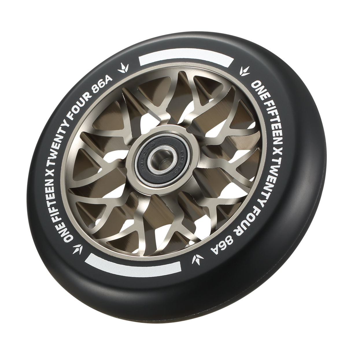 Roue Blunt Sector 115mm olive vue de trois quarts - noyau 110mm et gomme 86A