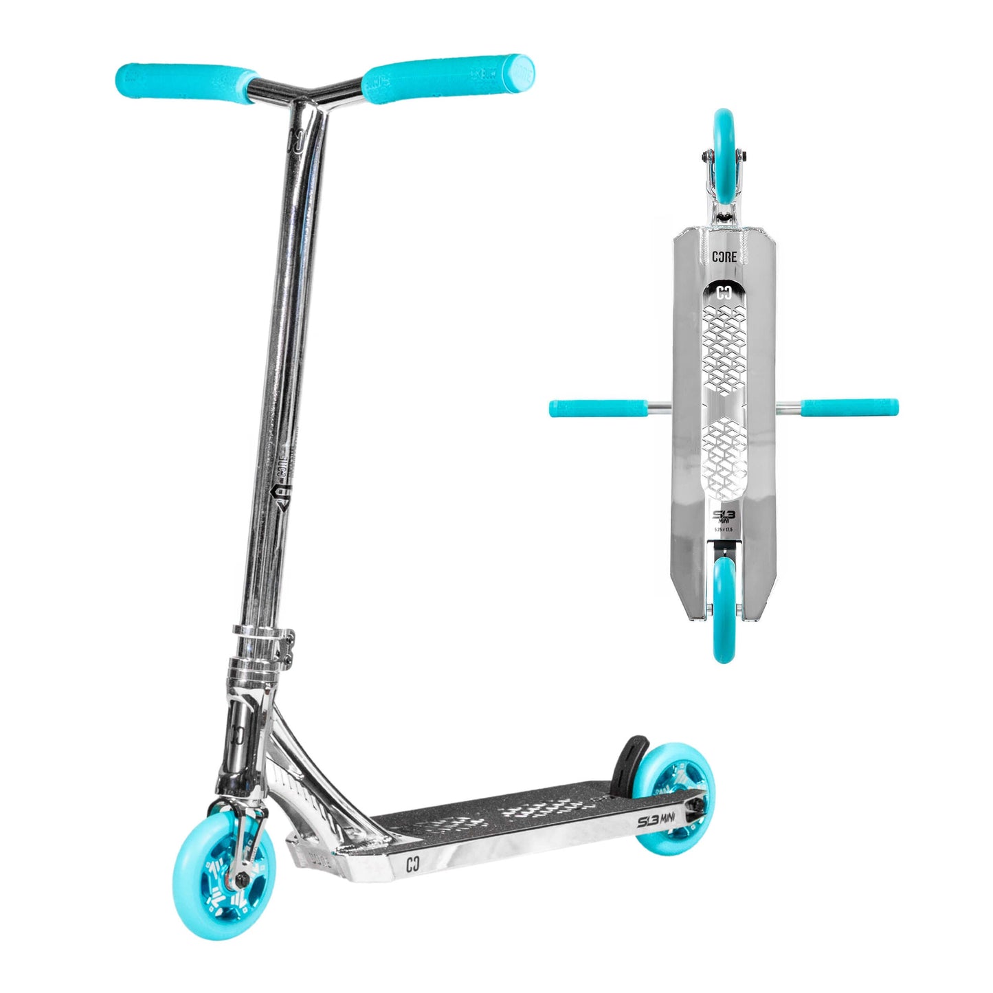 CORE SL3 Mini trottinette freestyle complète chrome et bleu-vert