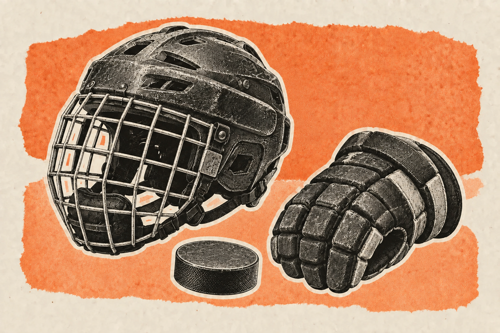 Illustration en collage d’un casque de hockey, d’un gant et d’un palet