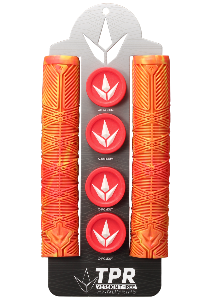 Poignées Blunt V3 Orange et Rouge - emballage et jeux de bar ends inclus