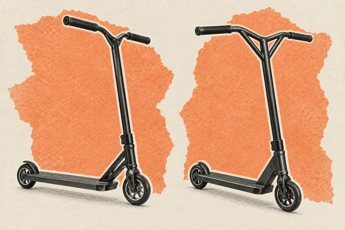 Illustration de deux trottinettes freestyle en collage sur papier beige et orange.